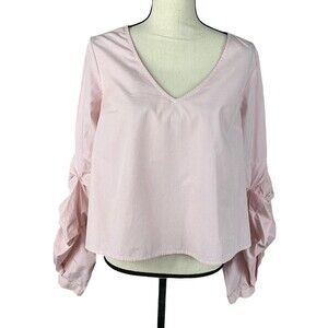 BP Seersucker Crop Blouse Women Small Long Balloon Sleeves Pink White Stripe